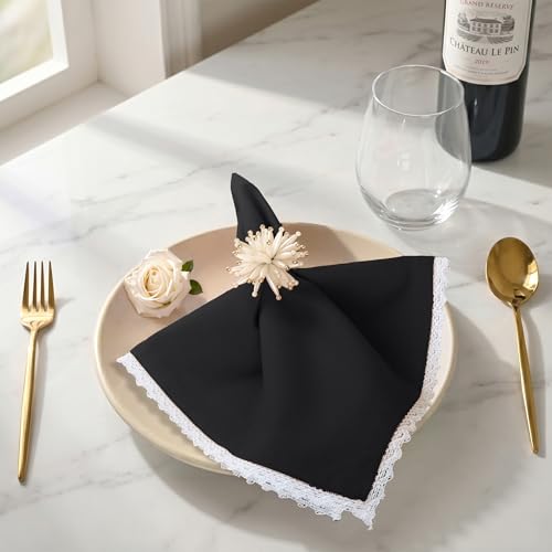 Image of FINGERCRAFT Cloth Napkins Set of 6, 20x20 Inch Cotton Linen Blend Dinner Napkins Lace Trim, Reusable Washable Table Napkins for Wedding, Farmhouse Dining, Parties & Home Decor (Black)