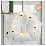 Halloween Ghost Wreath, DIY Halloween Wreaths for Front Door, 12 LED Light-Up White Ghost Garland, Spooky Indoor & Outdoor Hanging Decoration for Front Door, Wall, Party