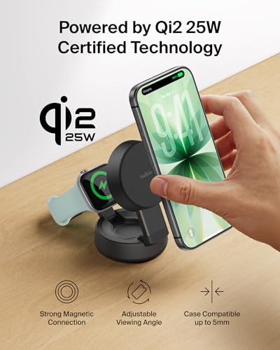 Image of Belkin MagSafe Charger Compatible, 2-in-1 Wireless Charging Station, Qi2.2 25W Convertible Magnetic Charger for iPhone 17, Apple Watch Series 10, Google Pixel 10, and More (45W Adapter Included)