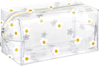 PVC Flower Pattern Stationery Cosmetics Storage Bag,PVC Clear Makeup Bag Floral Clear Toiletry Travel Bag Clear Makeup Organizer Bag,Transparent Small Cosmetic Bag Waterproof Cosmetic Bag,White Daisy