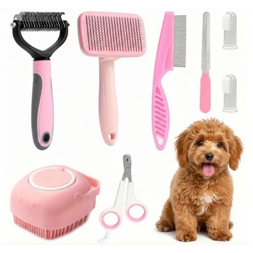 Haminway 8-Piece Dog Grooming Kit – Pink | Pet Brush Set for Shedding, Dematting, Nail Clipping & Bathing | Ideal for Small & Medium Dogs