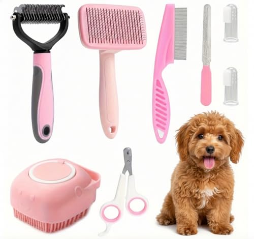 Haminway 8-Piece Dog Grooming Kit – Pink | Pet Brush Set for Shedding, Dematting, Nail Clipping & Bathing | Ideal for Small & Medium Dogs