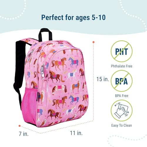 Image of Wildkin 15 Inch Backpack for Kids, Horses | Ages 5-10, padded straps, side water bottle pocket - coordinates with matching Wildkin lunch boxes and water bottles