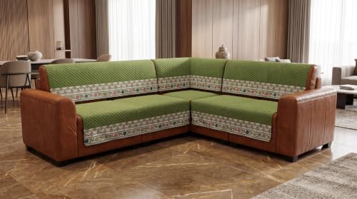 Image of KINGLY L-Shape Sofa Cover 7 Seater 4+3 Velvet Full Cover - Olive Green | Fully covered quilted velvet slipcover, washable anti-slip furniture protector, L-type corner sofa cover for living room