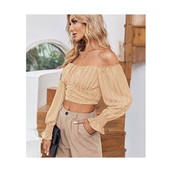 MIRACMODA-Womens-Elegant-Off-The-Shoulder-Puff-Sleeve-Blouse-Summer-Chiffon-Slim-Fit-Party-Crop-Top MIRACMODA Womens Elegant Off The Shoulder Puff Sleeve Blouse Summer Chiffon Slim Fit Party Crop Top Apricot