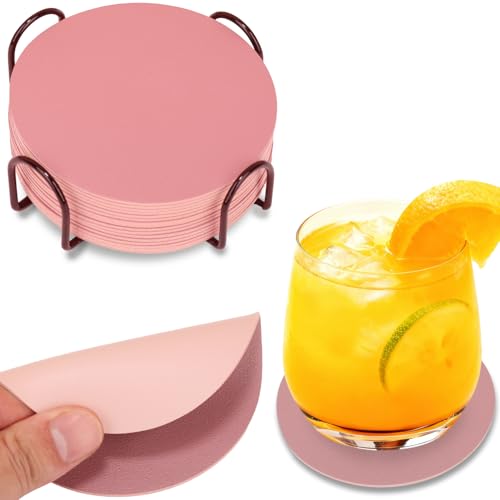 HELI MIAO 16 Stück Untersetzer Gläser, Doppelseitige Glasuntersetzer aus Kunstleder – Rund, rutschfest & hitzebeständig – Inkl. Aufbewahrungsständer (10cm, Lila + Rosa) – Für Tisch, Bar, Outdoor