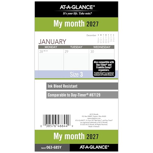 Recharge planificateur 2027 mensuel format 9,5x17,1 cm feuillets mobiles 7 trous