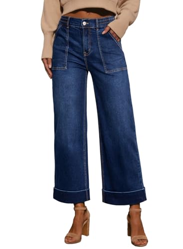EVALESS Womens High Waist Wide Leg Jeans Trendy Cropped Denim Pants Solid Ankle Length Stretchy Jeans with Pockets