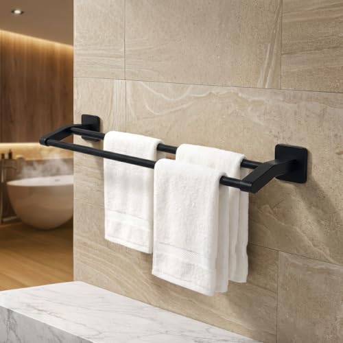 Image of Amazon Basics 24 Inch Bathroom Towel Hanger for Wall - Space Aluminum Towel Rod | Self Adhesive No Drill Rustproof Modern Towel Bar Rack for Bathroom & Kitchen