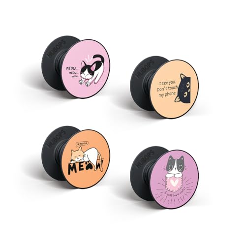 Image of hubops Cat Phone Grips, Cute Cartoon Design Socket Pop Set of 4, Meow and Stay Awake Theme (combo2)