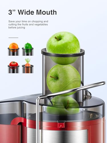 Juicer Machine, 800W Centrifugal Juicer Extractor with Wide Mouth 3” Feed Chute for Fruit Vegetable, Easy to Clean, Stainless Steel, BPA-free (Red)