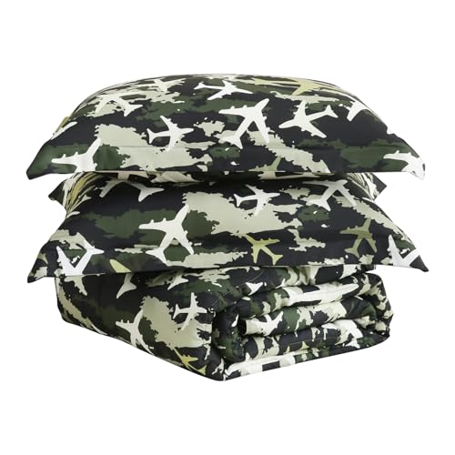 Image of Yibeizi Airplane Comforter Set Boys Full Green Camouflage Bedding