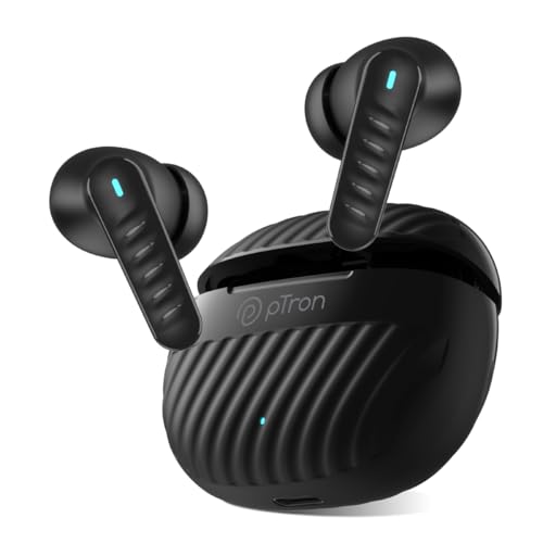 pTron Bassbuds Bliss TWS Ear Buds w/ 4 QuadPro Mics, 3D Audioscape, AI-ENC Calls, 40H Playtime, 50Ms Low-Latency Game/Music Modes, BTv5.3, Type C Fast Charging & IPX5 Water Resistant (Obsidian)