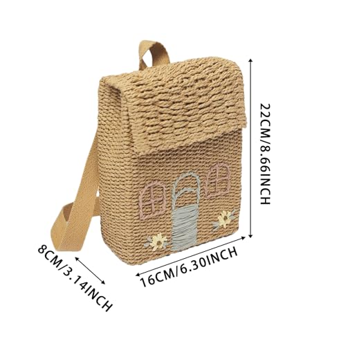 Mochila de paja trenzada hecha a mano pequeña caqui vertical 5