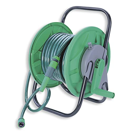 HERSIG - Carro Manguera Jardin - Carrete con Manguera Jardin 15m + 3 Adaptadores (31x45x45cm) - Enrollador Portátil para Riego, Terraza, Patio, Balcón, Fácil de Usar y Transportar