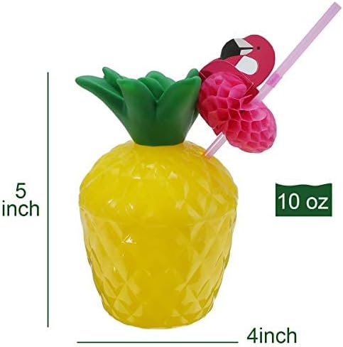 Pineapple Drink Cups Coconut Cups 12PCS Hawaiian Luau Party Decorations Pineapple Cups with Lids Straws Flamingo Decal, Hawaii Bachelorette Birthday Aloha Party Supplies for Adults Kids Favors
