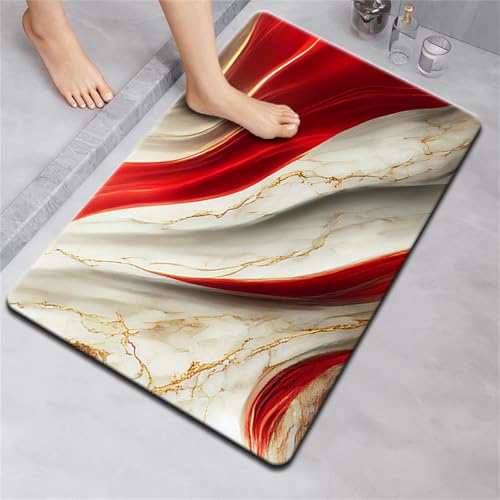 Hixingo Tappeto da Bagno in Diatomite, Tappeto Bagno Cucina Antiscivolo, 3D Stampe di Marmo Tappetino Assorbente e Asciugatura Rapida, Tappetino per Doccia e Ingresso (Rosso,50x80cm)