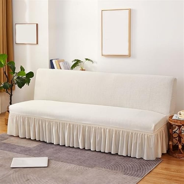 XJHKG Armless Sofa Bed Cover, Elastic Fitted Full Folding Futon Slipcover with Skirt(Color:White,Size:Medium)