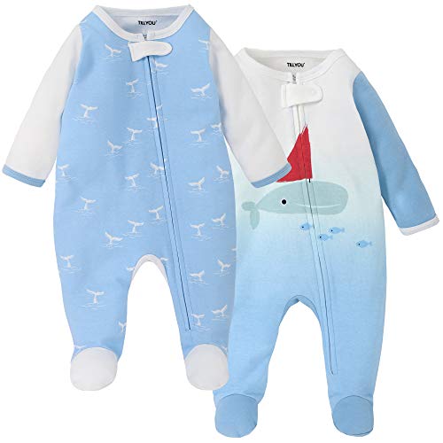 TILLYOU Footed Sleep and Play Pajamas for Baby Boy Girl, 0-3 Months, Blue Whale