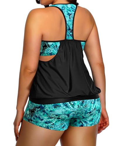 Image of Womens Plus Size Tankini Swimsuit Two Piece Tummy Control Bathing Suit | Blouson Racerback Tankini Top with Shorts, Double Up Design, Removable Pad