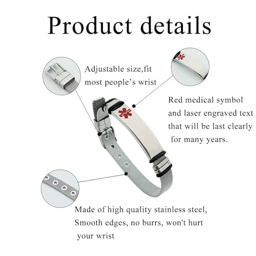 Medical Alert Bracelet for Women Men Medical Emergency Id bracelet Stainless Steel Personalized Free Engrave Adjustable 6.5-8.5 IN4