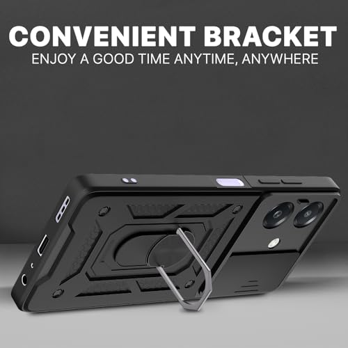 Image of Pikkme D10 Tough Armor Bumper Case | 360 Protection Case | Sliding Camera Shield Cover & Ring Holder Stand Back Cover for Oppo A3x 5G / A3x 4G / A3 5G (Black)