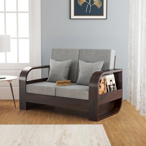 Image of Sheesham Wood 2-Seater Sofa Set - Solid Wood Furniture with Walnut Finish & Grey 40-Density Cushions | Wooden Couch for Living Room & Home Office