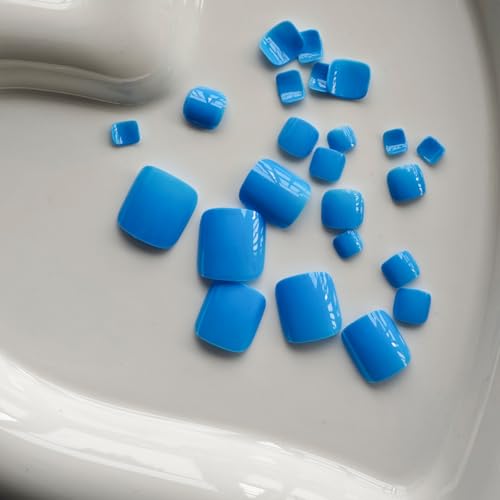 Image of Blue Press on Toenails Glossy Full Cover Fake Toe Nails Short Square False Toenails Reusable Summer Beach Stick on Toes for Women Girls Manicure 24 Pcs
