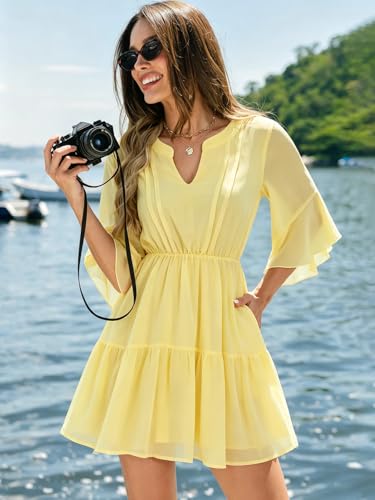 Image of Womens Spring Summer Mini Dress Western Ruffled Sleeve Chiffon V Neck Flowy A Line Short Wedding Guest Party Dresses