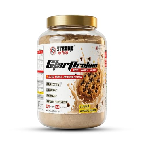 Image of STRONG NATION Star Protien Elite Triple Fusion, Egg, Whey & Yeast Blend | 30g Protien Per Scoop | 2kg (Cookies & Cream)