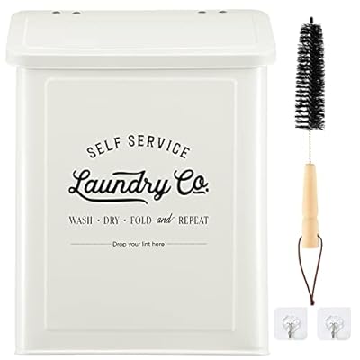 MONJITA Magnetic Lint Bin for Laundry Room, Metal Trash Can with Lid for Dryer, Farmhouse Lint Holder, Laundry Co Sign, Laundry Room Storage Decor with Dryer Lint Brush(White)