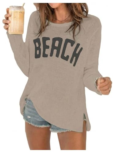 Image of Verdusa Women's Beach Cover Up Sweaters Letter Print Long Sleeve Crochet Crew Neck Knit Sweater Summer Tops