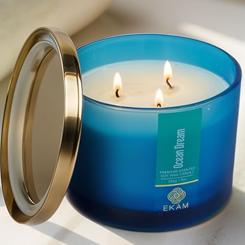 Image of EKAM | 3 Wick Soy Wax Scented Candle| 35 Hours Burn Time| Long Lasting Premium Candles| Ideal for Home Decor, Gifting & Aromatherapy| Ocean Dream Fragrance