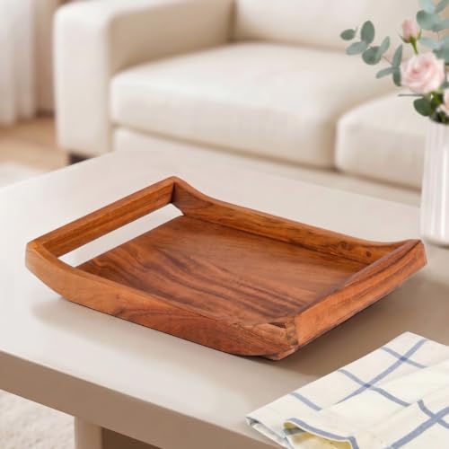 Image of Nestasia Wooden Serving Tray with Handles (30x20cm) - Acacia Wood Rectangular Brown Tray for Dining & Coffee Table | Platter for Serving Tea, Cakes, Snacks, Breakfast & Home Decor (Caramel Brown)