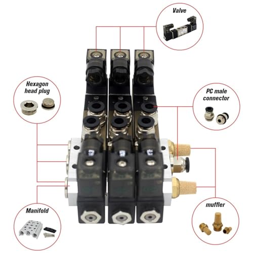 Électrovanne 5 voies 4V120-06 DC24V avec embase aluminium 6 stations et raccords 4mm - 5