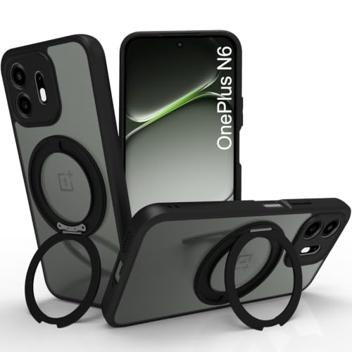 Image of RIGGEAR Shockproof Sleek Hybrid Armor 360 Rotating Magnetic Ring Stand Back Cover Case Compatible with MagSafe Accessories for OnePlus N6 5G (Clear PC + Black TPU Bumper)