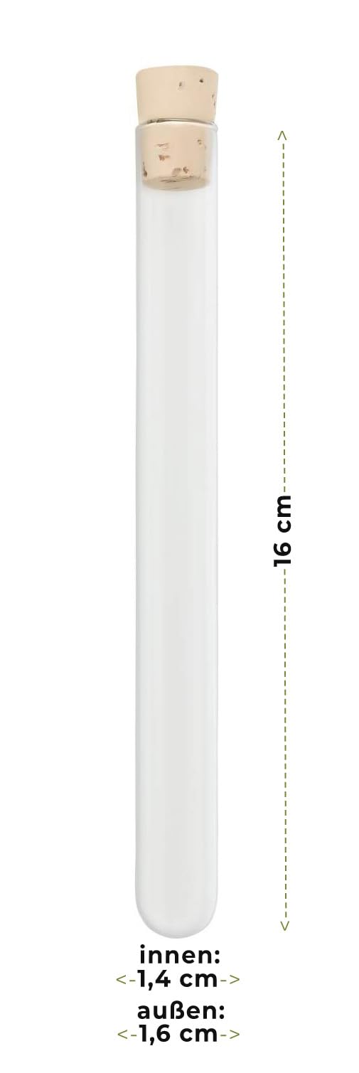 Reagenzgläser | Glasröhrchen | Laborglas | Reagenzglas für Laborbedarf, Medizintechnik und Chemie | mit Korken | Korkstopfen | Spitzkorken aus 100% Naturkork | 160 mm x 14 mm x 0,8 mm (100)
