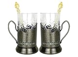 WORLD GIFTS 6 Piece Russian Tea Set Crystal Tempered Hot Tea Glasses with Metal Glass Holders Podstakannik w/Teaspoon - Vintage Design Drinkware