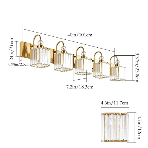 Image of Ralbay Gold Crystal 5-Light Bathroom Vanity Lights Over Mirror Modern Crystal Gold Bathroom Vanity Lighting