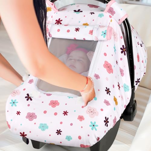 Image of Pea Pod Car Seat Cover Baby, Infant Car Seat Canopy Covers with 2 Layers Windows of Breathable Mesh Fabric, Lightweight Polyester, Soft Minky Dot Backing (Floral Pattern)