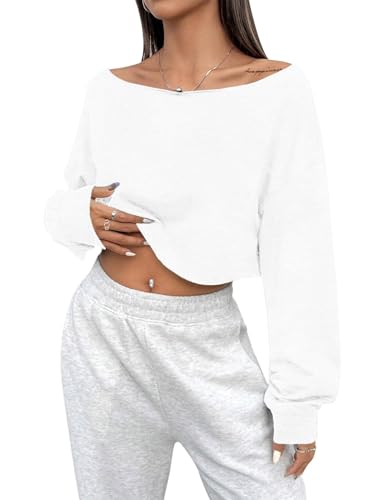 Avanova Camiseta corta de manga larga con hombros descubiertos para mujer, holgada, de gran tamaño, Blanco, XS