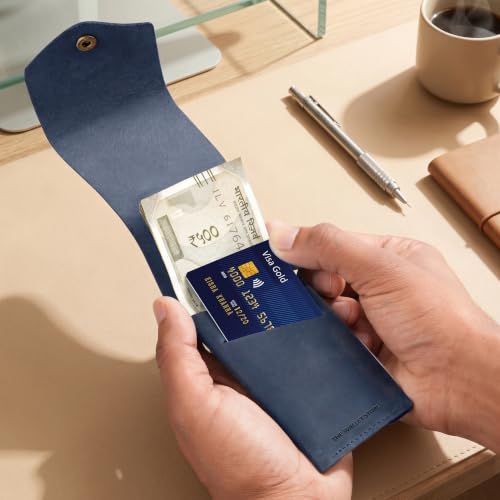 Image of The Wallet Store Flip 2.0 Genuine Leather Vertical Slim Wallet for Men | Pull-String Quick Card Access | Compact Front Cash Pocket & Button Lock | Minimalist Travel & Daily Carry Wallet (Blue)