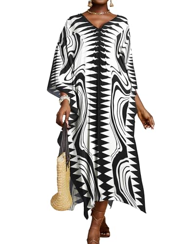 Bsubseach Kaftan Dresses for Women Geometric Print Caftan Long Beach Swimsuit Cover Up Loungewear Dress