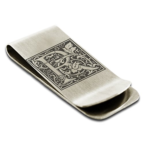 Stainless Steel Letter R Initial Floral Box Monogram Engraved Money Clip Credit Card Holder