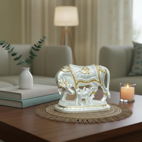 Image of Silver Plated Om Cow and Calf Idol | Kamadhenu with Calf on Engraved Base | Sacred Silver Cow Figurine for Pooja, Vastu & Gifting | Spiritual Home Decor | 15.3 x 9 x 12.3 cm