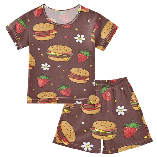 ALAZA Strawberry Hamburger Floral Retro Pajamas Short Sleeve 2 Piece Sleepwear Top and Bottom Pajama Set Unisex