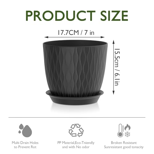 MUAEEOK 18CM 5 Pack Plant Pots Indoor Stripe Grooves Plastic Flower Pots with Drainage Holes and Tray - Image 2