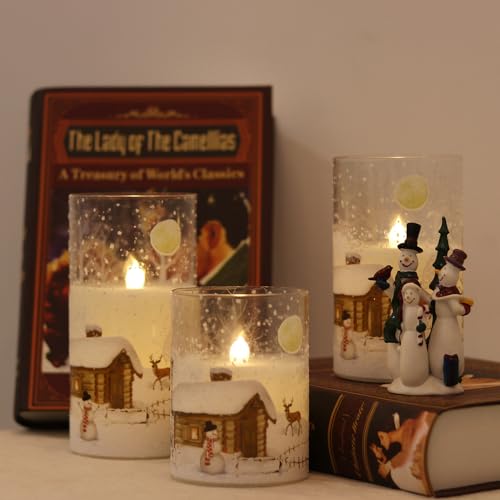 Image of Wondise Snowman Glass Flameless Candles with Remote and Timer, Battery Operated Real Wax LED Flickering LED Candles White Cold Light Window Christmas Holiday Decor D3 x 4 inch,5 inch,6 inch