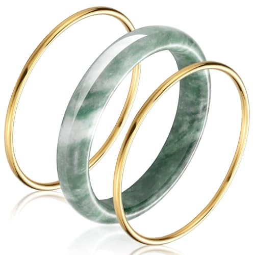 Tondiamo 3 Pcs 2.4'' Stackable Jade Bangle Bracelet for Women with Stainless Steel Gold Plated Bracelet Real Nature Jadeite Bangle Good Luck Healing Jewelry Gifts for Women
