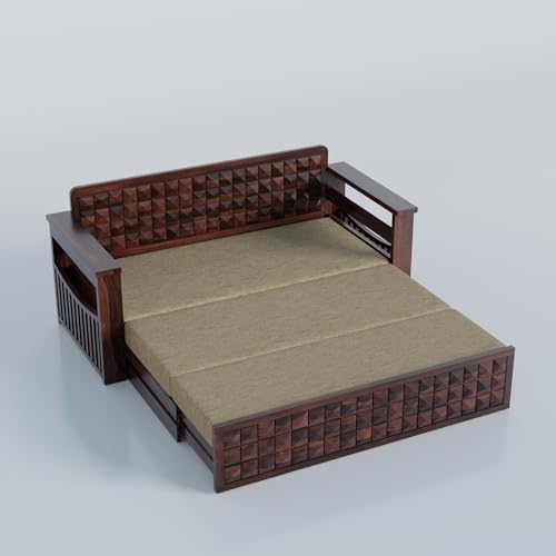 Image of Krishna Wood Decor Sheesham Wood 3 Seater Sofa Cum Bed with Mattress | Wooden Convertible Sofa Cum Bed with Side Pockets | Modern Sofa Bed with Storage Drawer for Living Room & Bedroom, Walnut Finish